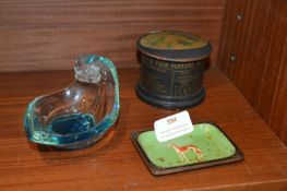 Fortune Telling Cotton Box, Medina Glass, and Enamel Tin Tray