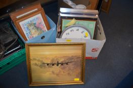 Framed Pictures and Prints, Clock, etc.