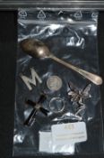 Sterling Silver Spoon, Crucifix, Fairy Brooch, etc