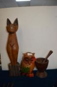Carved Wooden Cat and Owl, plus a Pestle & Mortar