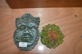 Two Small Green Man Wall Plaques