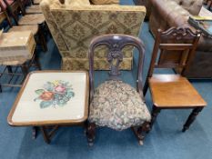 Converted Nursing Chair/Rocker, Embraided Glass Topped Tea Table, and Mahogany Hall Chair