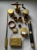 Brass Trench Art, Queen Mary 1914 Tobacco Tin, Military Belt Buckle, Bullseye Torch, etc.