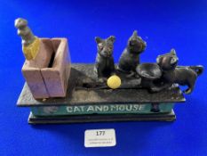 Reproduction Cast Iron Mechanical Moneybox - Cat & Mouse