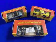 Three Corgi Wiz Wheels Vehicles; Aseities Racing Car, Porsche Targa, and a Ford Mustang