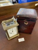 Continental Period Brass Carriage Clock with Enameled Face and Original Leather Case