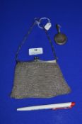 Silver Plate Chain Link Purse plus Small Mirror