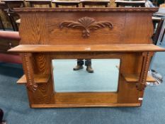 Oak Overmantel Mirror with Carved Detail and Shelves