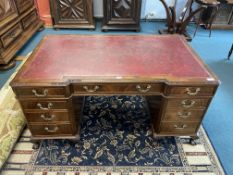 1930's Oak & Mahogany Desk with Tooled Red Leather Insert Top
