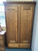 Edwardian Mahogany Double Wardrobe with Carved Floral Decoration