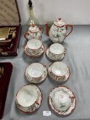 Oriental Egg Shell Tea Set plus Green Glass Decanter and Glasses