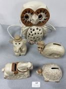 Four 1970's Shelf Pottery Moneyboxes and an Owl Lamp
