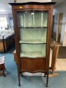 Edwardian Mahogany Bow Front Glazed Side Cabinet with Floral Lined Shelves