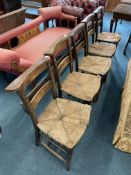 Five Victorian Oak Rush Seat Chapel Chairs