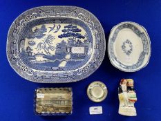 Blue & White Willow Pattern Meat Plate, Staffordshire Figure, Miniature Cup & Saucer and a Plate