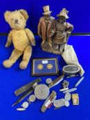 Tray Lot of Collectibles; Victorian Ethnic Figure, Teddy Bear, Lighters, Penknives, etc.