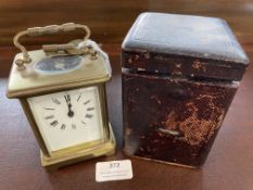 Continental Period Brass Carriage Clock with Enameled Face and Original Leather Case