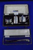 Hallmarked Sterling Silver Cruet Set plus Hallmarked Silver Handled Cheese Knife