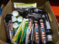 Box of Various Adhesives, Mastic, Silicone, etc.