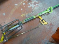 Bow Saw, Rake, Fork, and Hoe