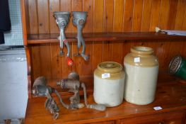 Four Vintage Mincers and Two Large Earthenware Jar