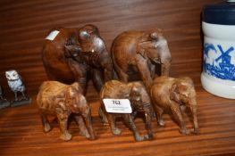 Five Carved Wooded Elephants