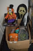 Box of Halloween Decorations, Masks, etc.