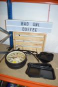 *Kensington Clock, Wooden Crate, Coffee Sign, and