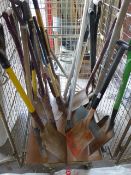 * contents of cage - 15 mixed items - shovels, spades, etc