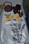 Chinese Silk Flower Painting, Teapot, Buddhas, etc