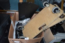 Box of Assorted Clamps, Top Hats, and Two Wooden W