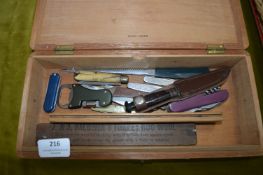 Wooden Box Containing Penknives etc.