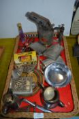 Tray Lot of Metalware; Blowlamp, Hip Flasks, etc.
