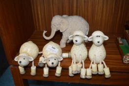Four Sheep Ornaments and an Elephant