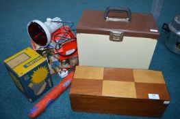Vintage Metal Filing Case, Heat Lamp & Bulb, Wooden Sewing Box & Contents and an Umbrella