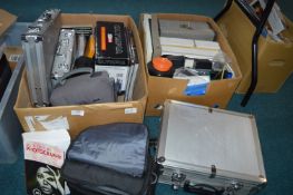 Two Boxes of Photography Items, Camera Cases, Book