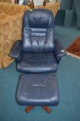 Unico Blue Leather Swivel Chair with Foot Stool