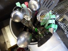 * S/S pot and contents - large quantity of tongs,scoops, measures, slices, etc - approx 20 items