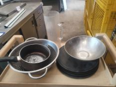 * mixed lot - round cake display plates, collander, bowl, etc