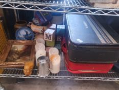 * selection of misc vintage display items - suitcases, pictures, pots, etc