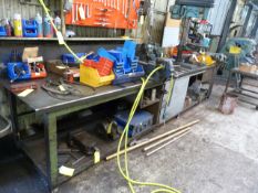 *Large Steel Workbench with Shelf, Upstand to Rear and Two Vices
