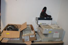 Printer, Keyboard, Wires, and Safety Shoes