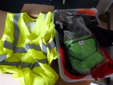Box of Hi-Vis Vests and a Box of Children's Clothing; Jumpers, Bibs, Socks, etc.