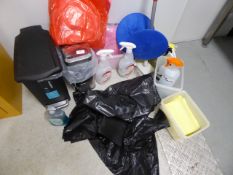 * collection of cleaning sprays, cloths, 2 x pedal bins, etc