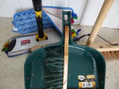 * Rubbermaid mop with spare pads, sweeping bush and dustpan and brush
