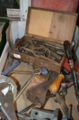 Box of Vintage Tools; Drill Brace, Vernier, Bracke