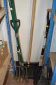 Garden Fork, Rack, Hoe, Trenching Shovel, and a Sn