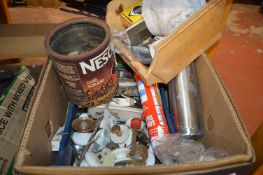 Box of Various Handles, Adhesives, Wood Chisels, e