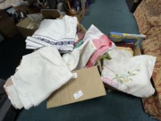Two Boxes of Linens, Tea Towels, Tablecloths, etc.