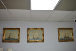Three Gilt Framed Fighting Ship Scenes by J. Harle